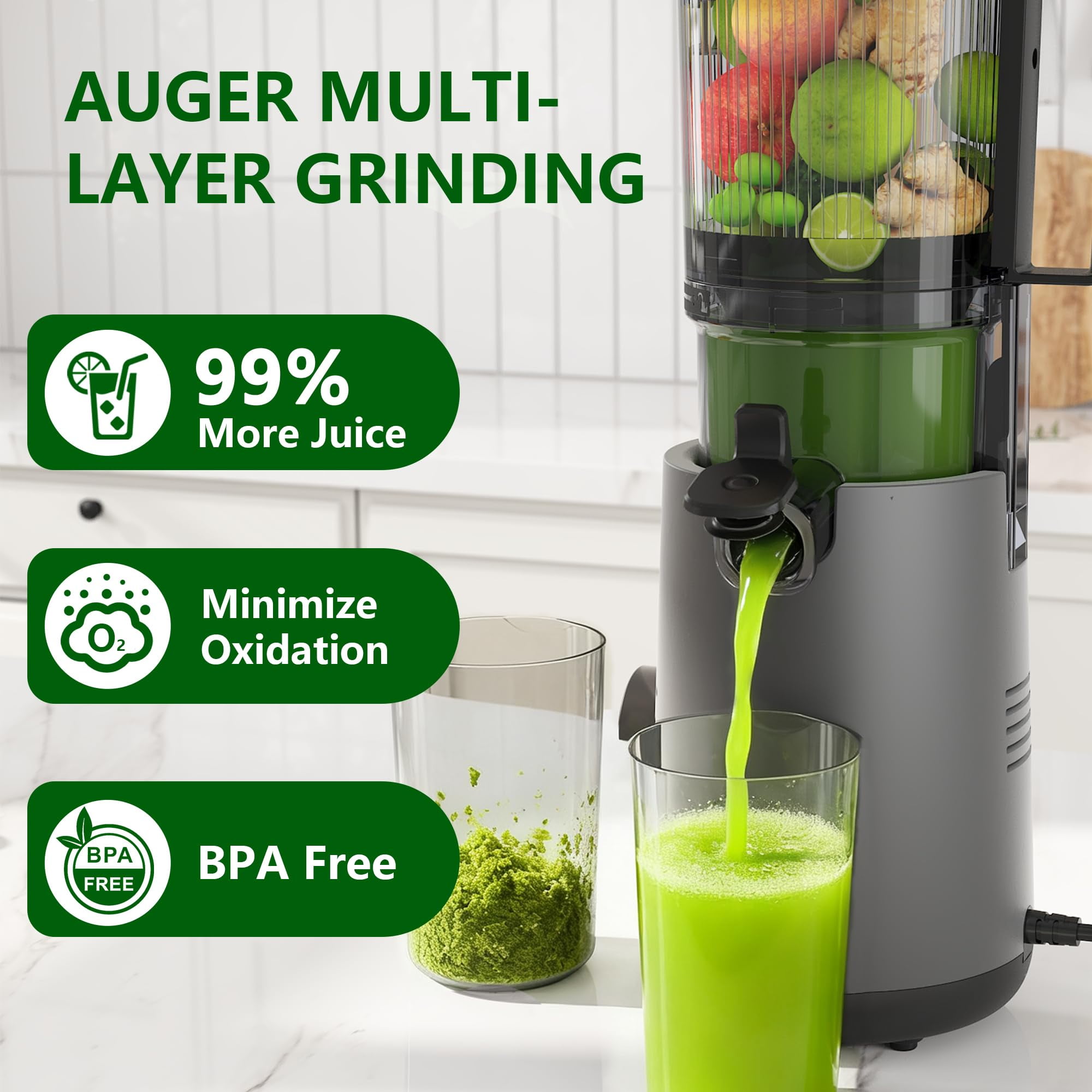 Cofiyard Cold Press Juicer Machines, 5.3" Extra Large Feed Chute and Powerful AC Brushless Motor Fit Whole Fruits & Vegetables, High Juice Yield, Auto-Reversing, Quiet Motor