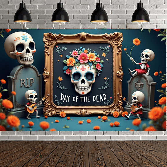 Floral Design Skull Banner Decorative Day of the Dead Celebration for Holiday Event Indoor Decoration Party Background