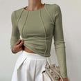 thumbnail image 3 of Women's Autumn Long Sleeved Ribbed Knit Casual Round Neck Slim Fit Seam Basic T Shirt Top Womens Short Sleeve Raglan Tee Handstand Shirt Long Sleeve Long Sleeve Thin T Shirt Women Athletic Top 2 T, 3 of 8