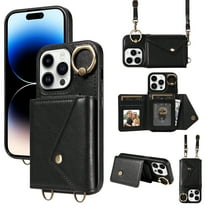 ELEHOLD for iPhone 14 Plus Crossbody Wallet Case with Card Slots Pockets Magnetic Button Rotating Ring Holder Stand Shoulder Strap Case for Women Girls for iPhone 14 Plus,black
