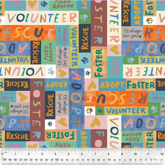 Cotton Fur-ever Friends Rescuer Adopt Multi Colored Words Patchwork Cat Dog Paws Pet Lover Windham Fabrics White Cotton Fabric Print by the Yard (54536D-7)