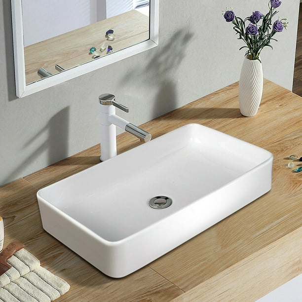 Gymax 24 X 14 Rectangle Bathroom Ceramic Vessel Sink Vanity Art Basin W Pop Up Drain Com - Rectangle Bathroom Sink With Cabinet