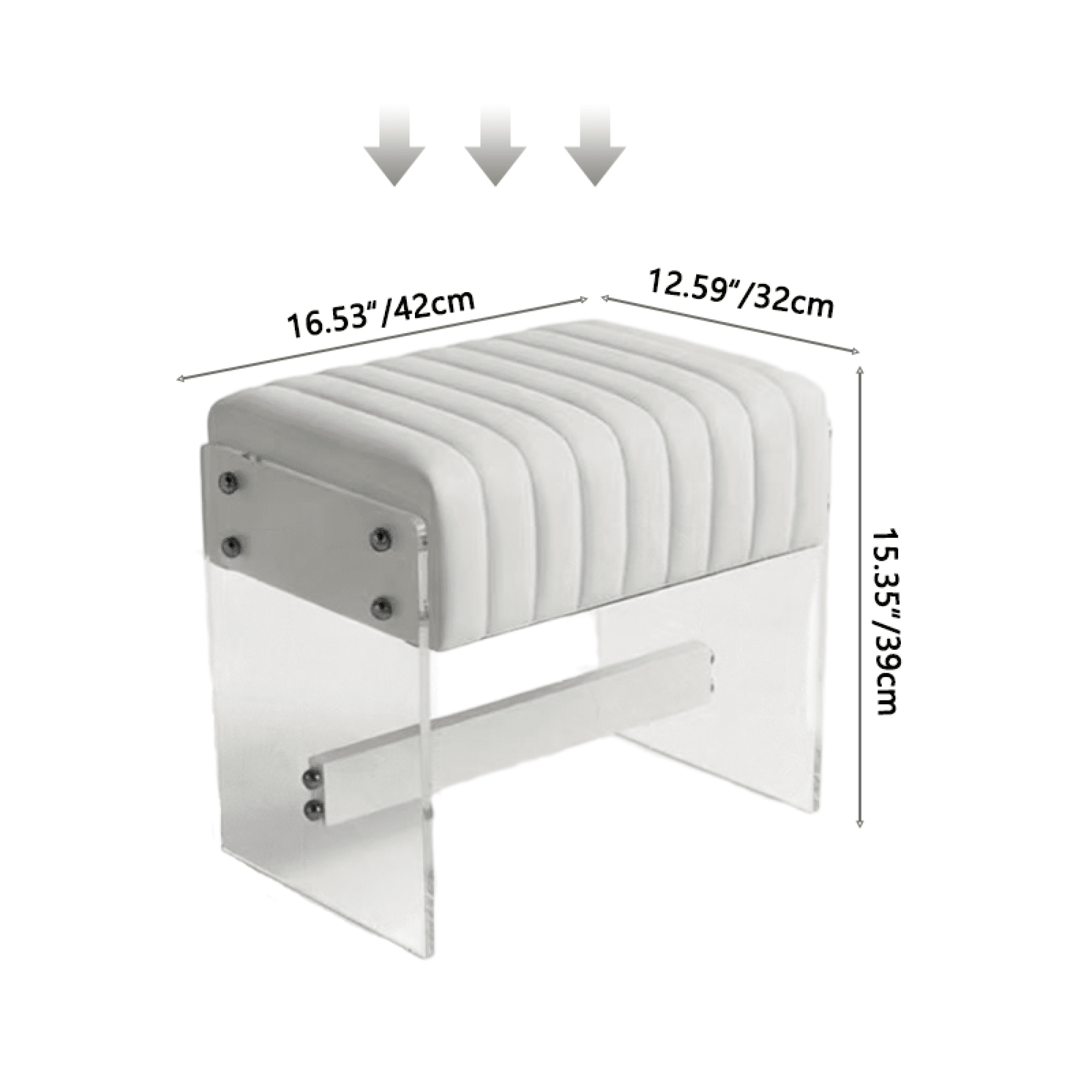 Leumius Dressing Stool with White PU Leather Surface, High-density Sponge and Transparent Acrylic Legs, Modern Luxury Square Stool for Bedrooms, Entrances and Living Rooms