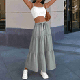 thumbnail image 6 of Women High Waisted Flowy Tiered Linen Skirt Casual Pleated A-Line Beach Long Skirts with Tie Grey M, 6 of 7