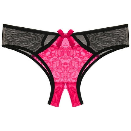 Sexy Underwear for Womens Lace Thong Panties Floral Open Thongs Low Rise T-Back Tangas Hot Pink One Size