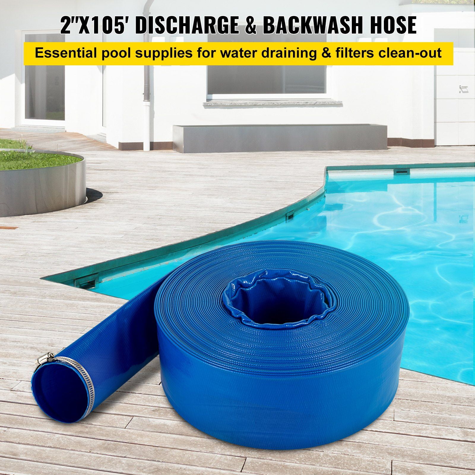 105ft x 2" Heavy-Duty PVC Lay Flat Discharge Hose with Clamps