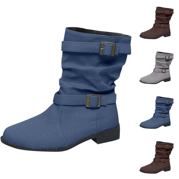 THDHVS Boots for Women,Womens Shoes,Fashion Casual Versatile Buckle Strap Denim Chunky Heel Solid Color Round Toe Trendy Fall and Fashion Fashion Boots Gray