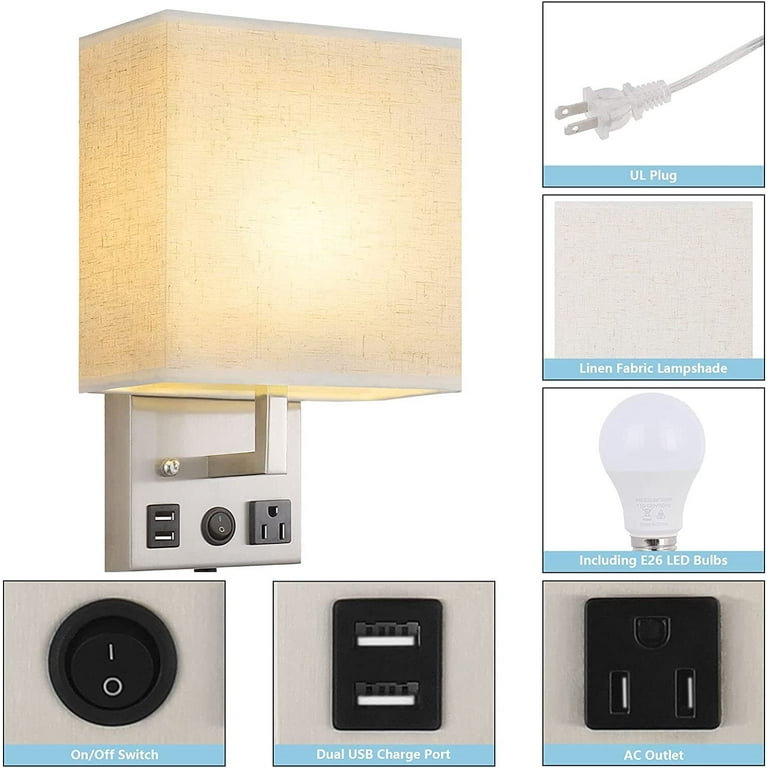 Set of 2 Plug in Wall Sconces Wall Lights w/ USB Port & AC newest Bedroom Living Room