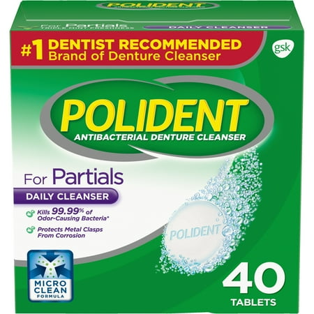 Polident Partials Antibacterial Denture Cleanser Effervescent Tablets, 40 Count
