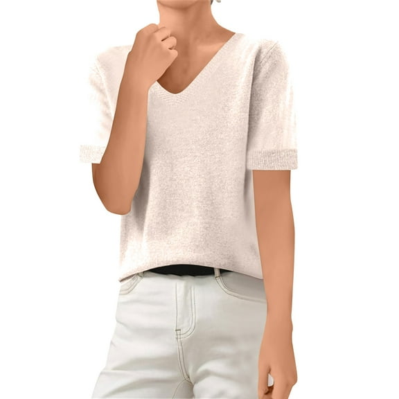 Divhosrg Womens Pure Short Sleeve Sweater for Women, V Neck Sweater - Soft, Warm, and Stylish Knit Pullover Beige Sweater for Women L