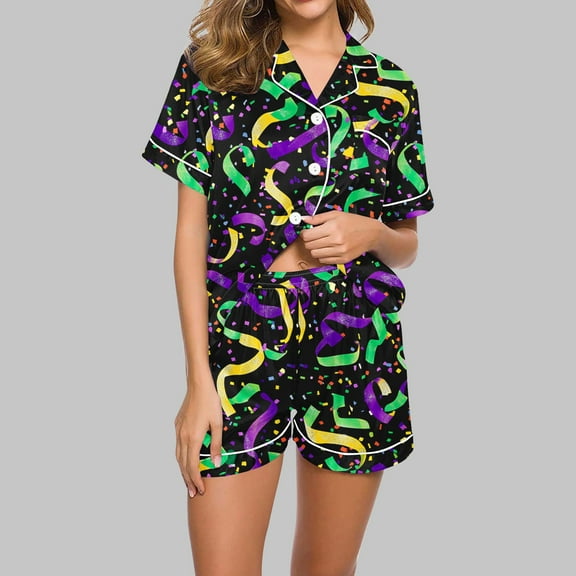 Feancey Lounge Pjs Sets for Women Mardi Gras Button Down Sleepwear Short Sleeve Shirt and Shorts Soft Pajama Set Carnival Themed Loungewear Multicolor XXL