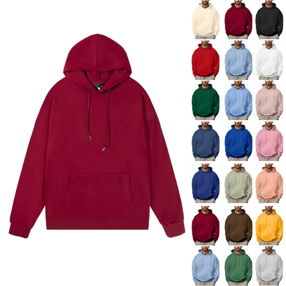 Smsaxvxz Mens Hoodies Fleece Solid Drawstring Sweatshirts with Pocket Casual Regular Fit Wine 5XL