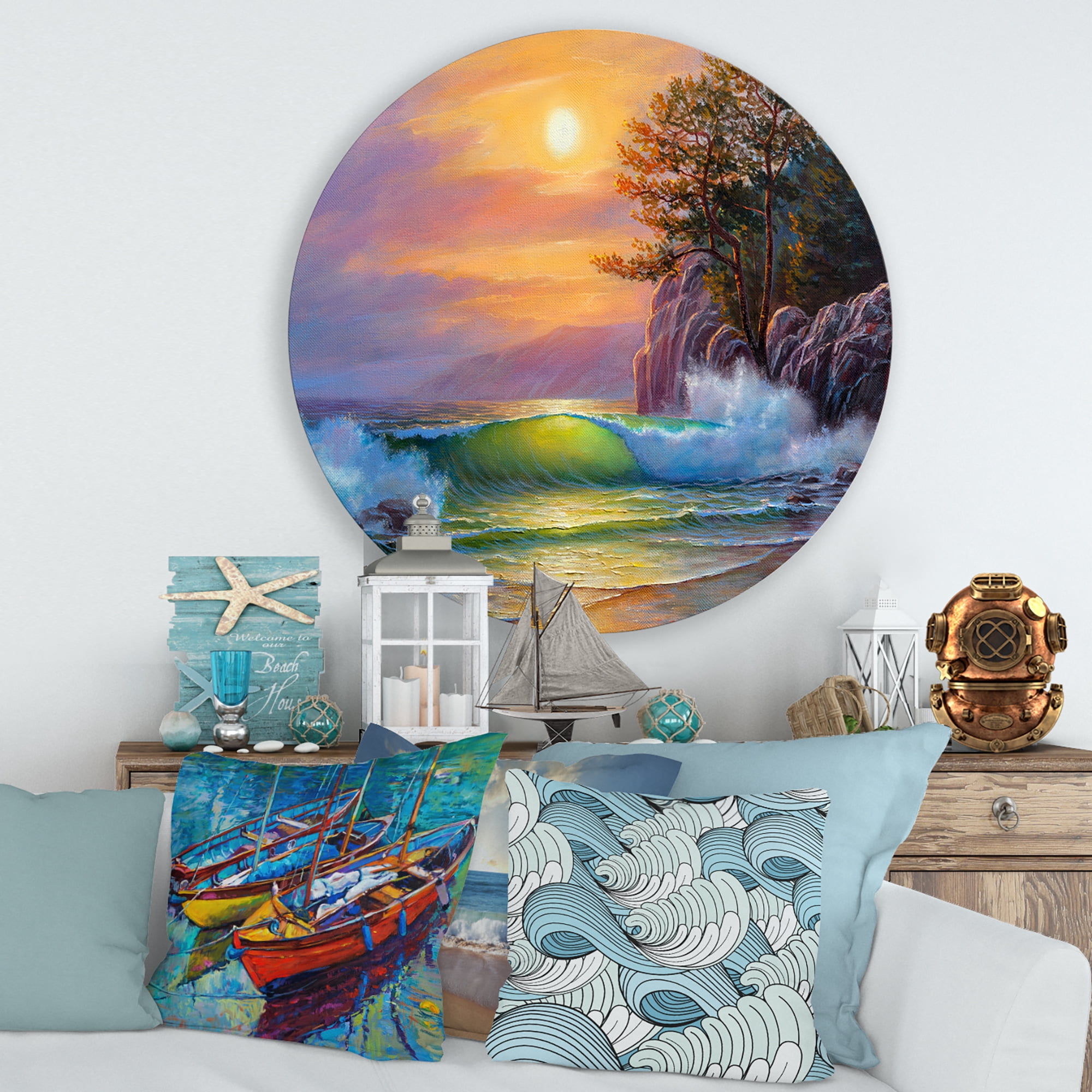 Designart 'Sunrise On Sea Waves By The Pine Trees' Nautical & Coastal Circle Metal Wall Art 36x36 - Disc of 36