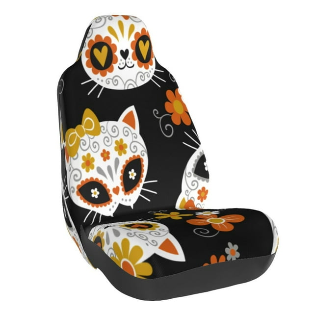 Wukai Cat Skulls and Flowers Full Set Car Seat Covers with Soft Padding Universal Auto Front Seats Protector and Cushion Mat