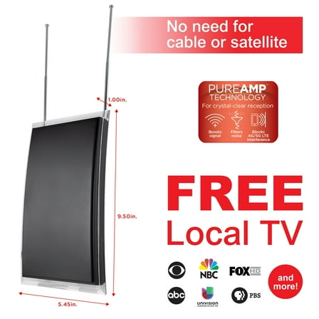 General Electric Crystal Amplified HDTV Antenna, 50-mile Range, VHF 1080P 4K,  Black, 48732