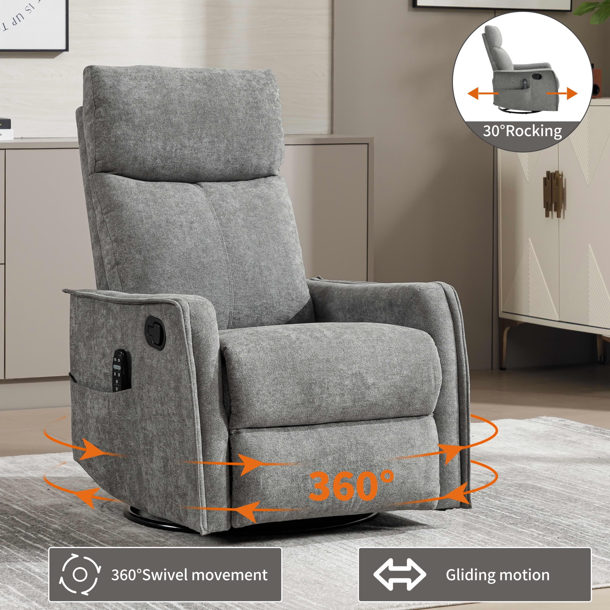 MAYEERTY Beige Faux Leather Heat Massage Recliner Chair, 360° Swivel Rocker 26"x35"x39" for Living Room
