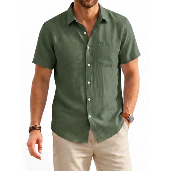 Men's Cotton Linen Short Sleeve Shirts Casual Button Down Shirts Summer Green Tops with Pocket XL