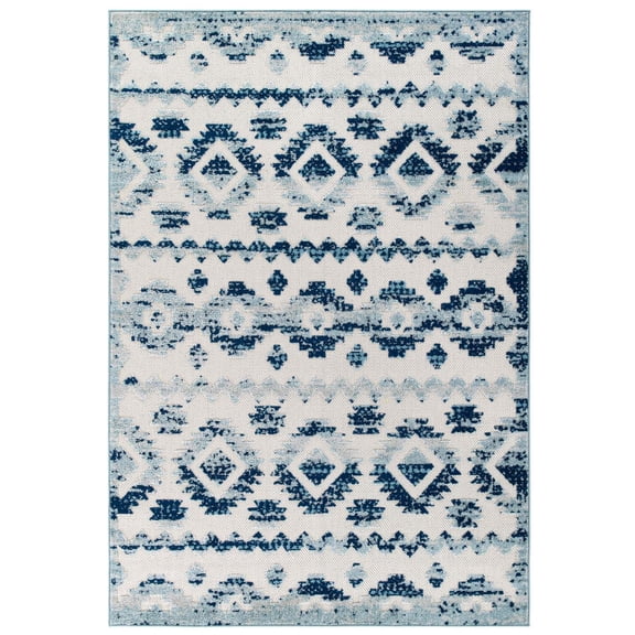 Ergode Reflect Takara Abstract Diamond Moroccan Trellis 5x8 Indoor and Outdoor Area Rug - Ivory and Blue