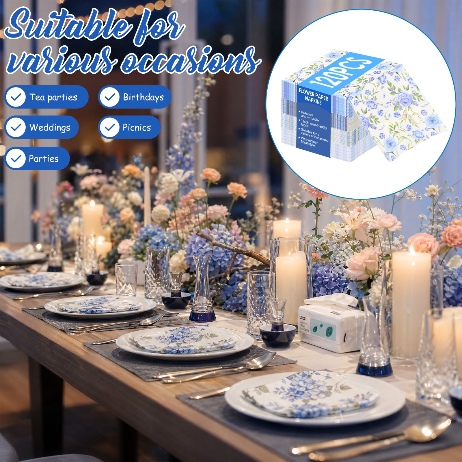 Atopoler 120 Pcs Floral Decoupage Napkins,Decorative Floral Paper Napkin,Flower Hand Towels for Celebrations Tea Party Dinner Wedding,Blue Color