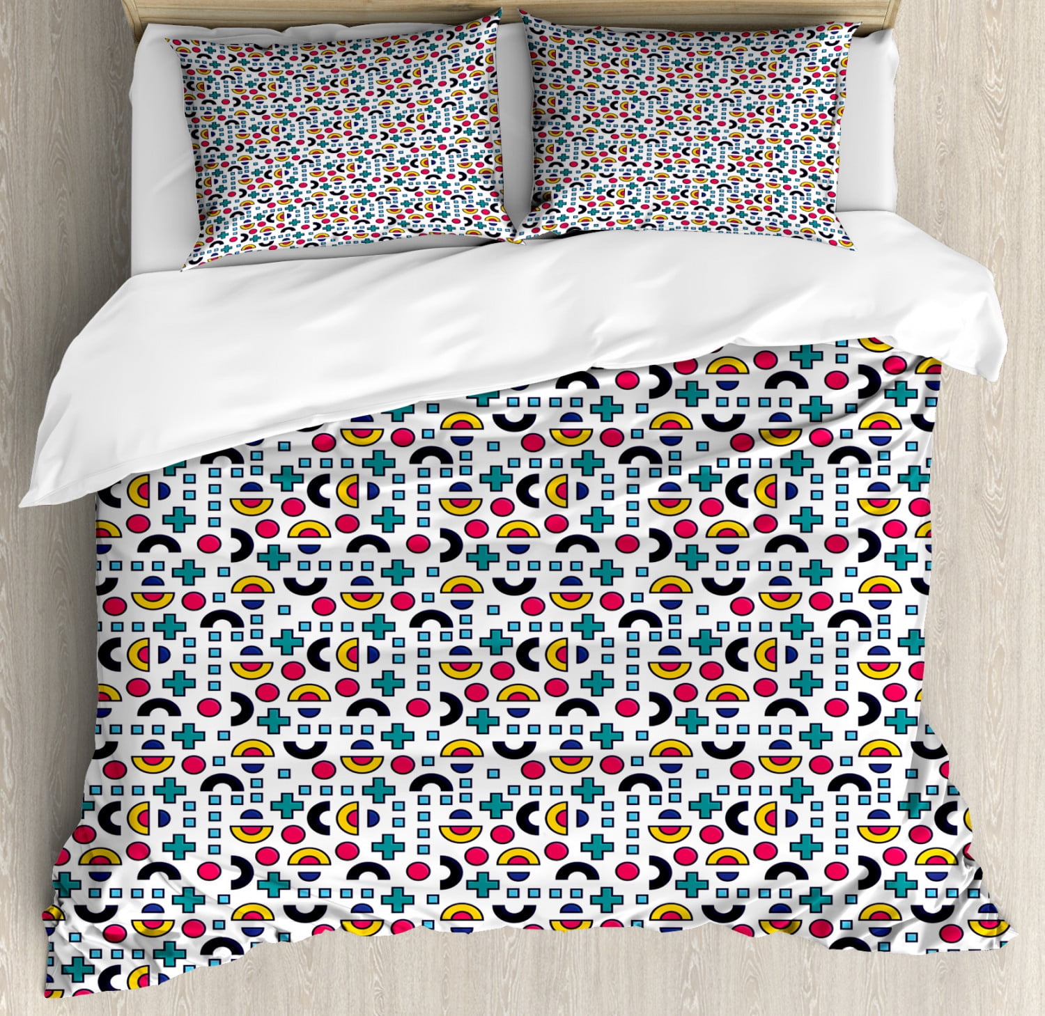 Colorful King Size Duvet Cover Set, Memphis Style Geometric Composition