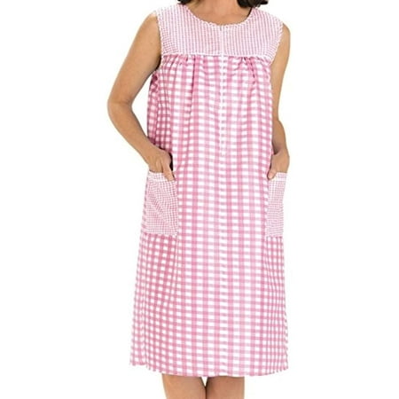 

EZI House Dresses for Women with Pockets Moo Moos Gingham House Coat Sleevless Zipper Duster Dress - Medium to Plus Size