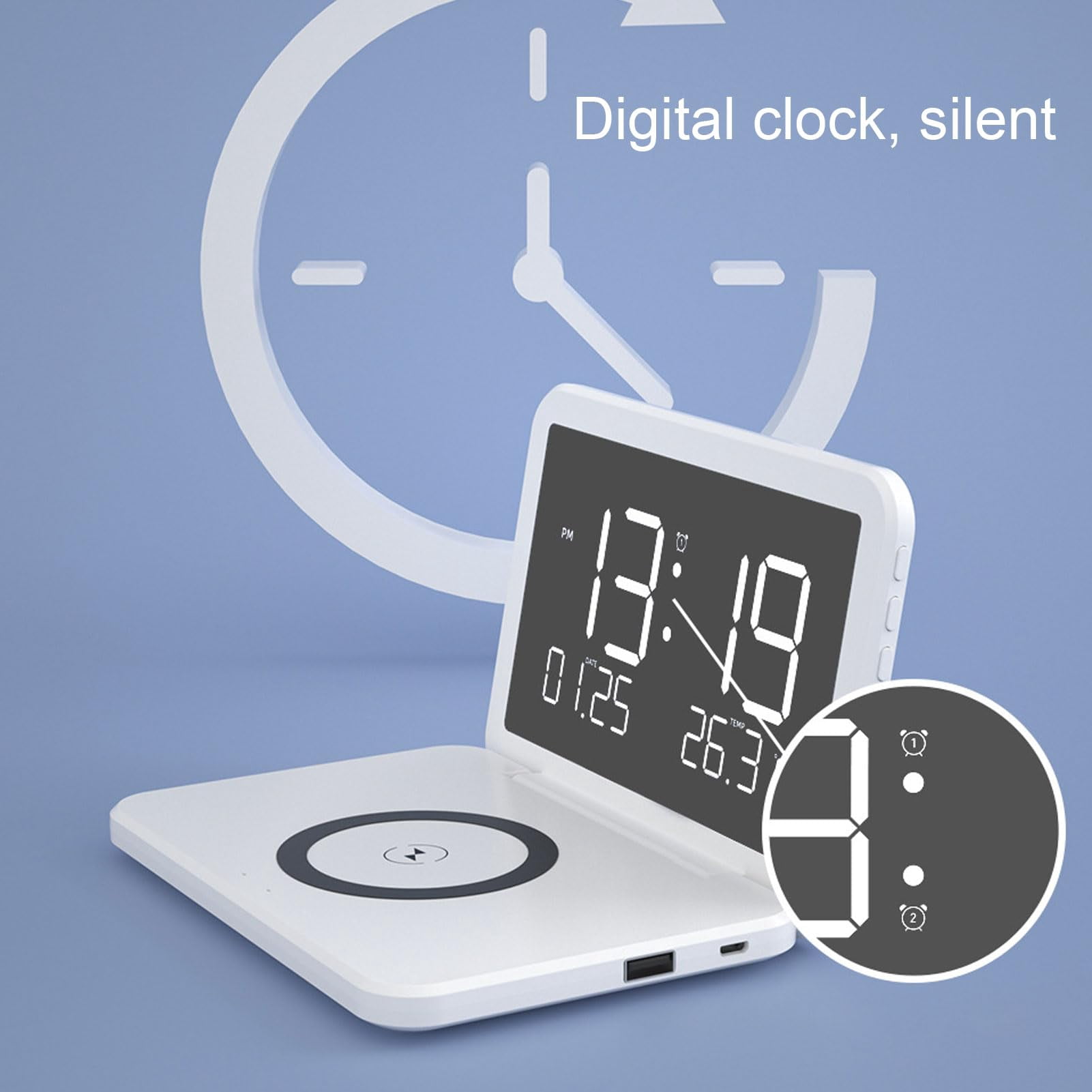 The Nidmaw digital clock features wireless charging, a foldable alarm clock, and an LED mirror display for showing the calendar and temperature. Suitable for bedrooms, desks, living room coffee table