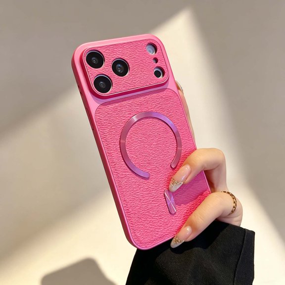 For iPhone 16 Pro Max Phone Case,Compatible with Mag-Safe,Anti-Scratch PU Leather Back Design,Ultra Slim PC TPU Hybrid Shockproof Anti-fall Non-Slip Protection,Thin Phone Case,Rose