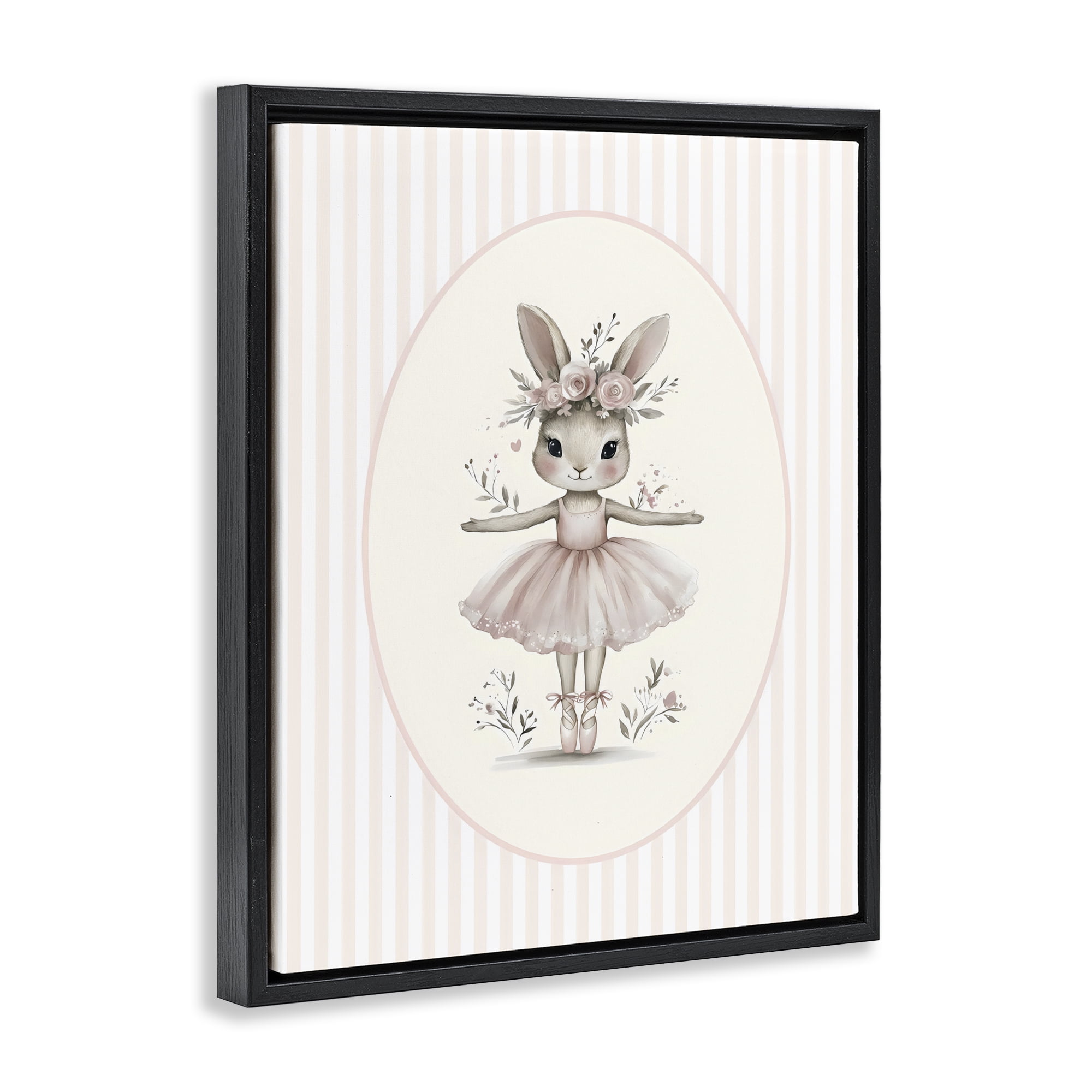 Stupell Industries Nursery Ballerina Bunny Striped Black Framed Floater Canvas Wall Art, design by LSR Design Studio