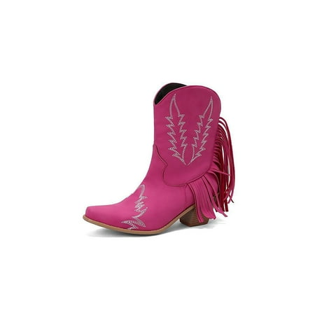 

Daeful Womens Fashion Short Cowgirl Boot Work Mid-Heel Wide-Calf Western Boots Dark Pink 7.5
