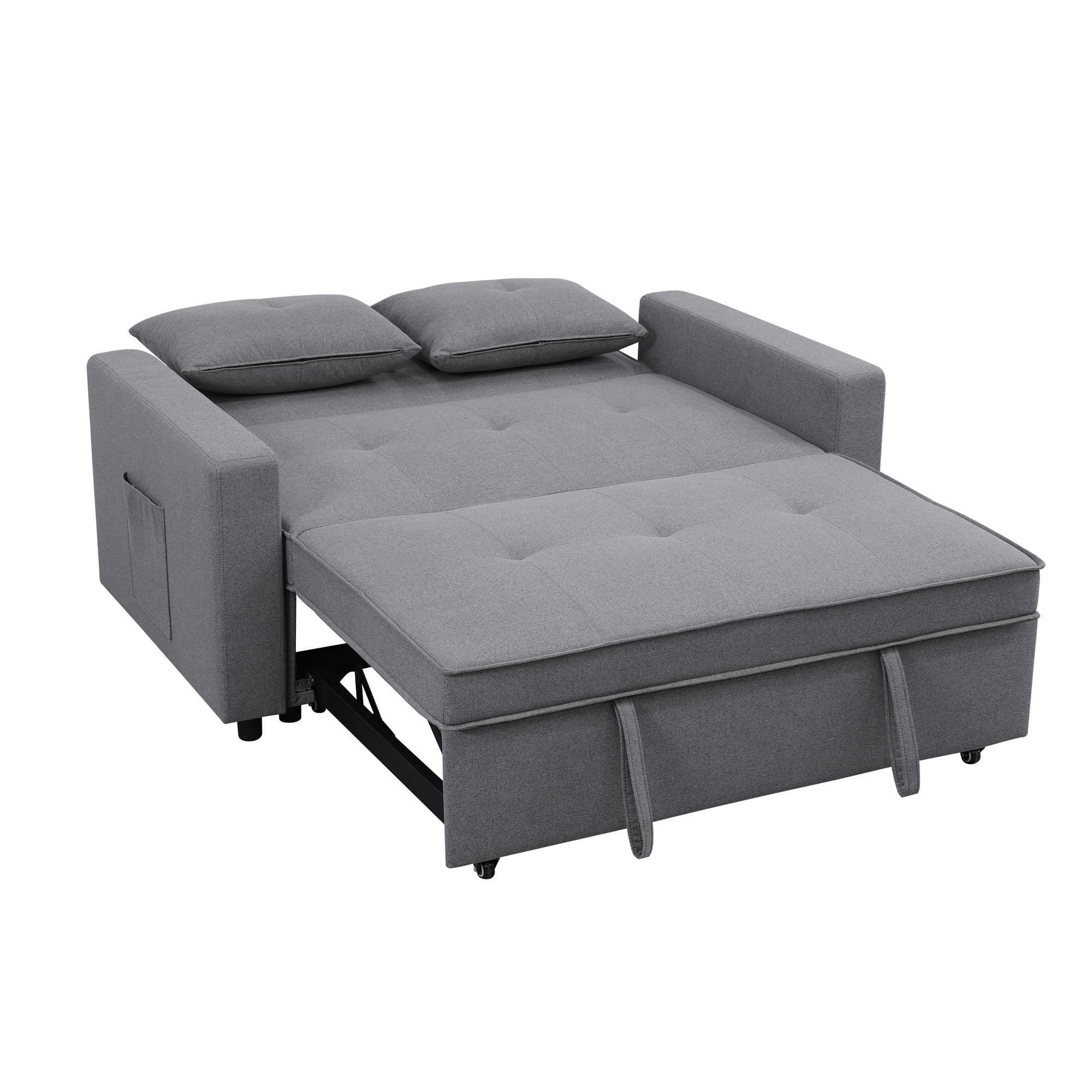 3-in-1 Convertible Sleeper Sofa Bed, Modern Futon Loveseat Velvet Pull-Out Couch Bed with Adjustable Backrest & Side Storage Pockets for Small Living Room, Grey