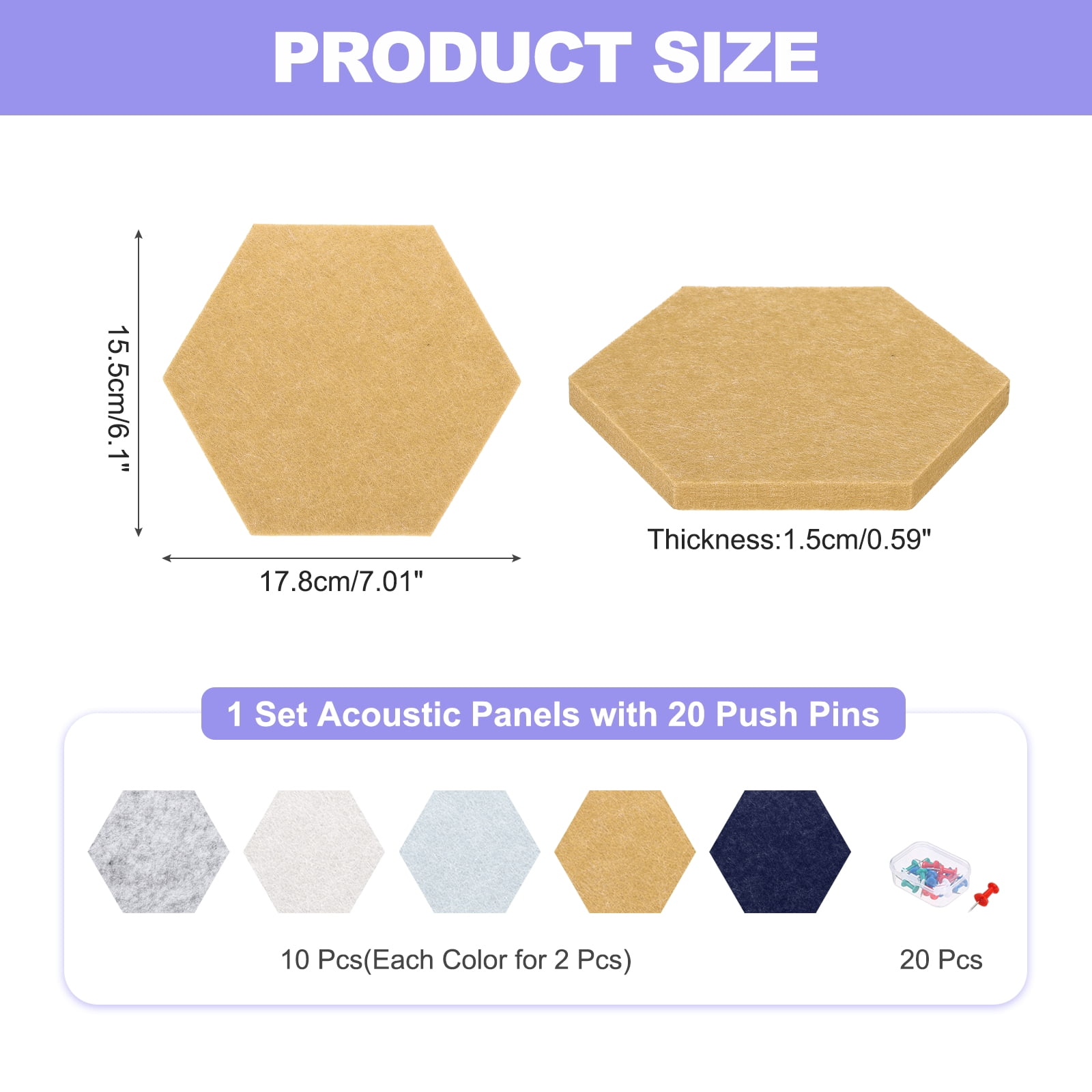 Uxcell 10 Pcs B1 Hexagon Acoustic Panels with Push Pins 6.1'' x 7.01'' Dark Blue Yellow Gray Light Gray Light Brown