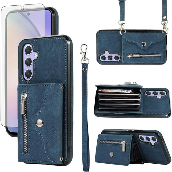 Phone Case for Samsung Galaxy A15 5G Wallet Cover and Tempered Glass Screen Protector with Wrist Crossbody Strap Lanyard Credit Card Holder Stand Leather Cell Accessories A 15 4G 15A Women Blue