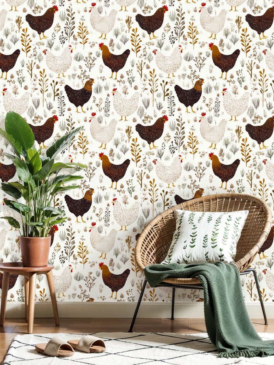 Peel and Stick Wallpaper Floral cute cartoon chicken white Wall Mural 23.6in x 9.8ft Self Adhesive Removable Wall Paper Renter Friendly Wallpaper for Bedroom Nursery