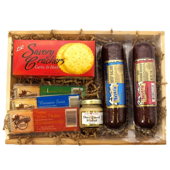 Meat & Cheese Gift Crate – Gourmet Charcuterie Set with Summer Sausage, Salami, Mustard & Cheese Bars – Perfect Holiday & Corporate Gift