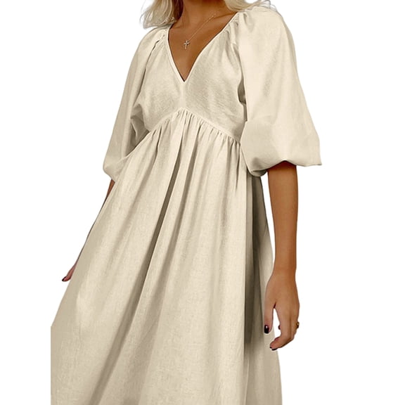 Women'S V Neck Short Puff Sleeve A Line Midi Dress Color S