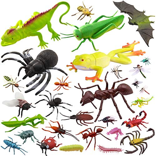 27pcs Bug Toy Figures Playset for Kids Boys, Pinowu 2-6” Fake Bug Insects - Fake Spiders, Cockroaches, Scorpions, Crickets, Lady Bugs, Butterflies and Worms for Education and Christmas Party