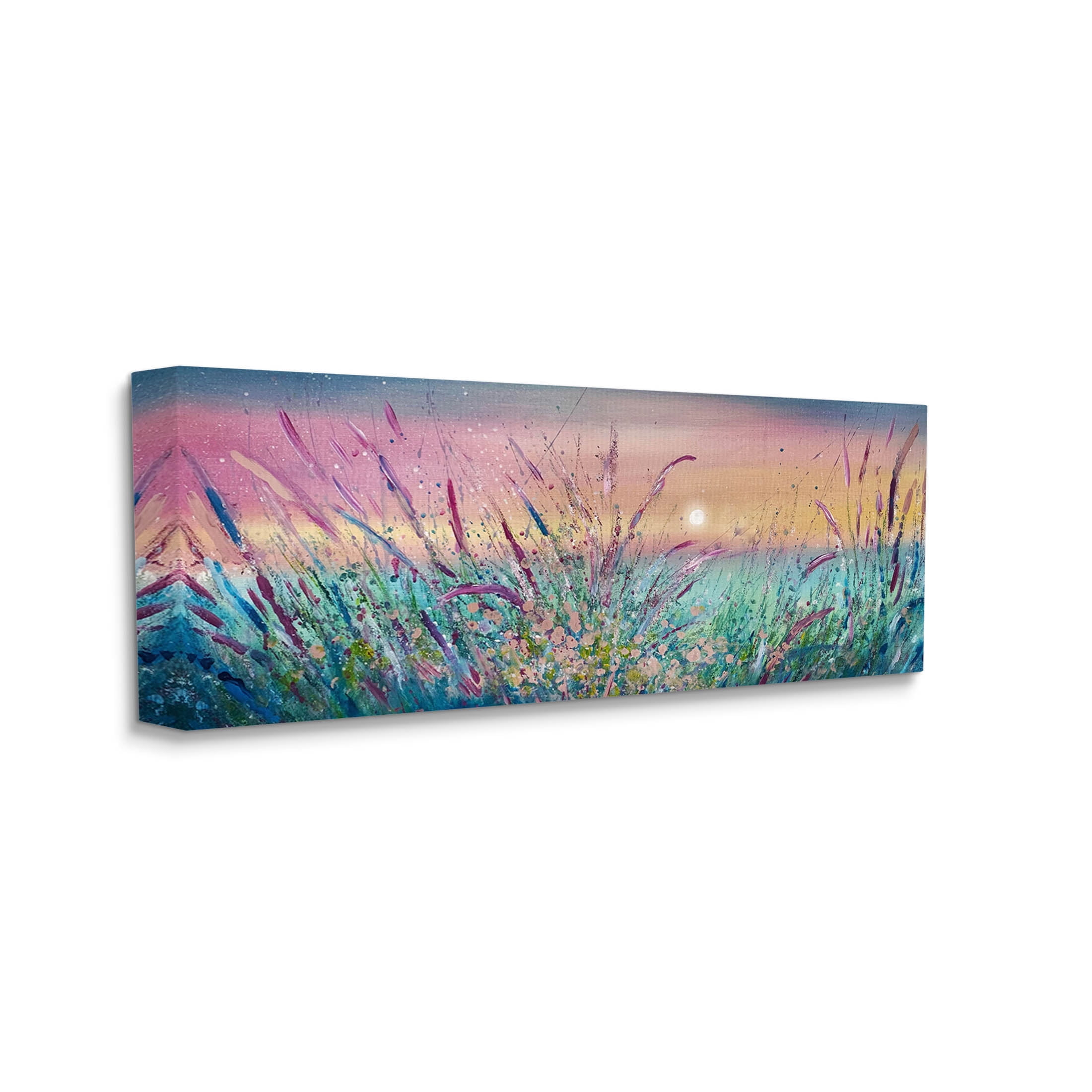Sunset Sky Pond Reeds Sprouting Landscape Painting Gallery Wrapped Canvas Print Wall Art