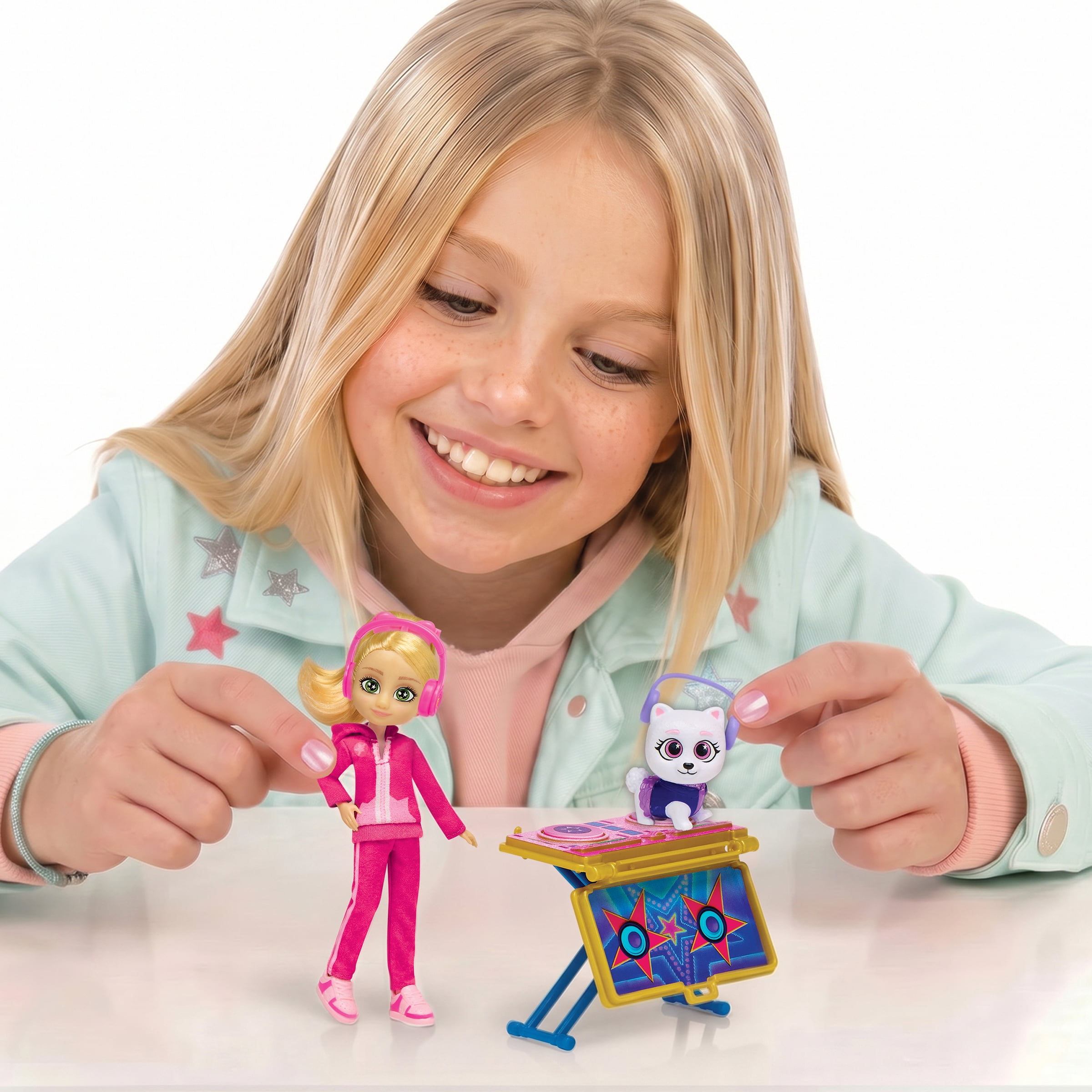 Paris & Pups Paris Star DJ Doll & Bijou Puppy Playset, 5-Inch Fashion Doll with DJ Accessories, Spinning DJ Deck, Collectible Charm & Trading Card, Kids Ages 4+ by Playmates Toys