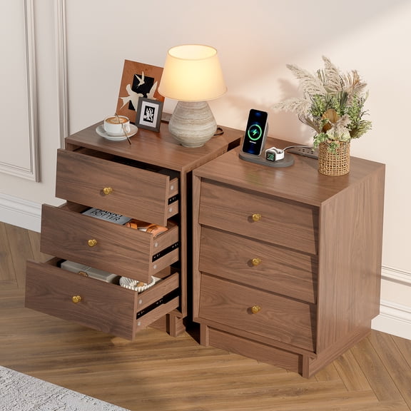 3 Drawers Nightstands Set of 2 With Charging Station, Mid Century Modern Bedside Table For Bedroom, 19'' Wide Wooden End Tables, Walnut Brown