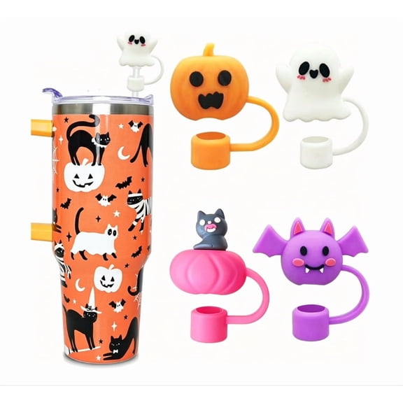 4 Pcs Straw Cover Cap For Stanley Halloween Straw Toppers Stanley Cup Accessories 10mm Straw Covers for Stanley 40 oz & 30 oz Straw Covers Cap for Tumblers Silicone Straw Topper for Halloween Gifts