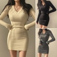 thumbnail image 2 of Mini Vestido ajustado de punto Retro para mujer, cuello en V, manga larga, Vestido envuelto en la cadera, Vestido de suéter Delgado, Color sólido, Otoño e Invierno, 2 of 7