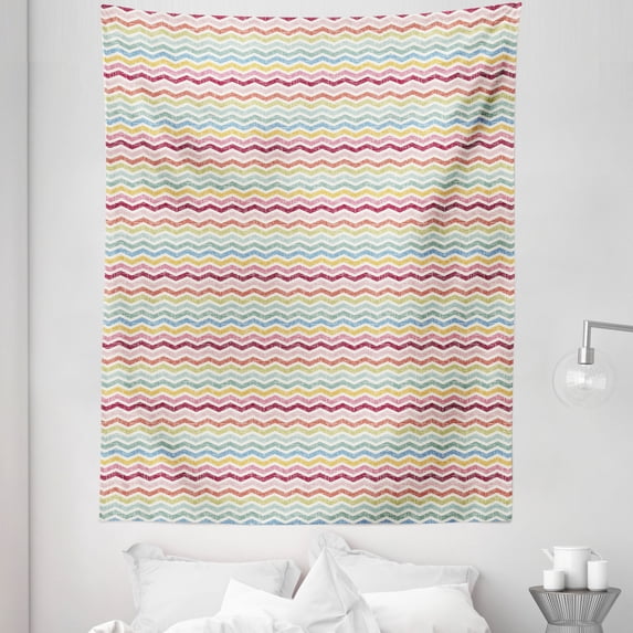 Abstract Tapestry, Grunge Style Horizontal Colorful Zigzag Lines in Abstract Repeated Pattern, Fabric Wall Hanging Decor for Bedroom Living Room Dorm, 5 Sizes, Ivory Multicolor, by Ambesonne