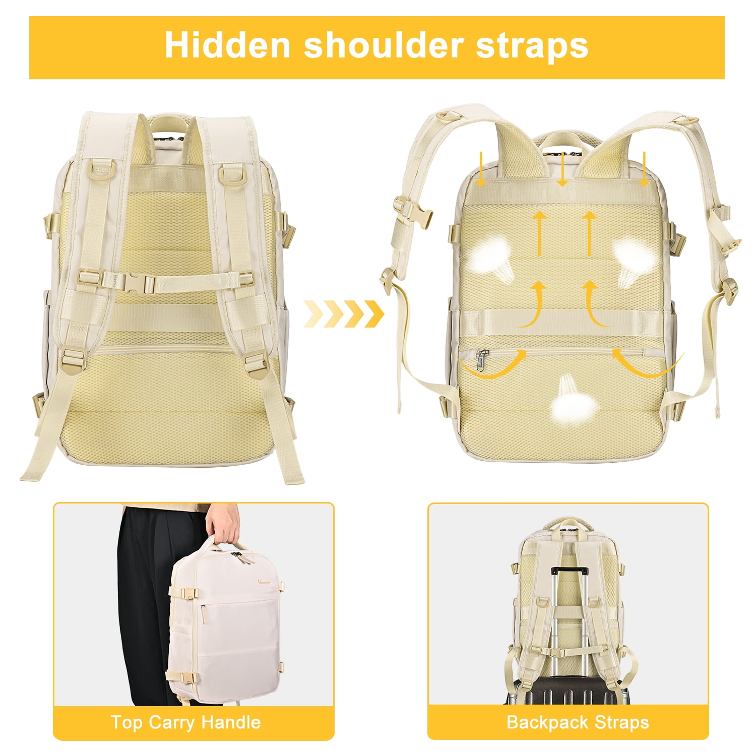 Travel Backpack for Men & Women, College Bookbag with Packing Cube Shoe Pocket, Flight Approved Carry on Backpack Fits 16" Laptop, Beige