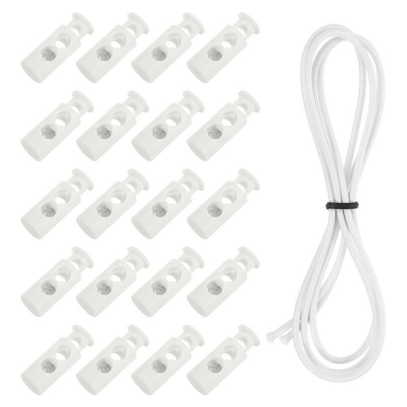 25 Pack Double Hole Cord Locks with Elastic Cord, White