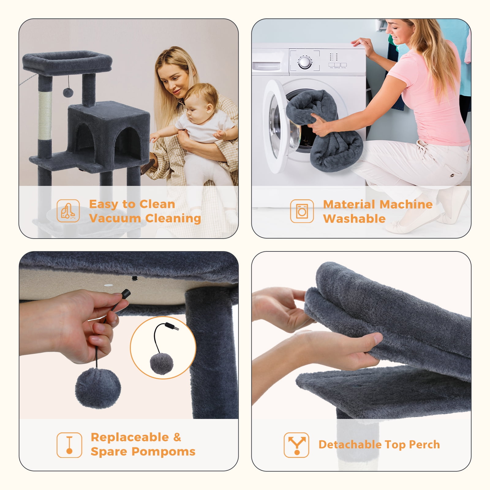 Pefilos 44" Cat Tree Tower for Indoor Cats, 5-Level Cat Condo with Large Hammock, Big Top Perch and 4 Sisal Covered Scratching Pos, Dark Gray