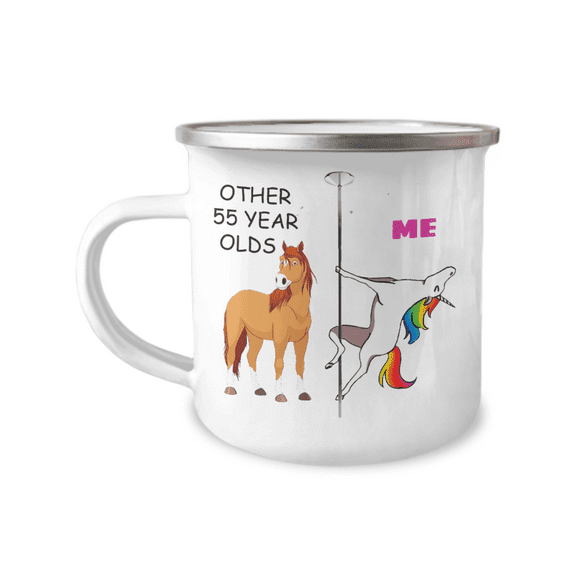 55th Birthday Unicorn Camper Coffee Mug - Other 55 Year Olds Me Unicorn Coffee Mug -12 Oz Stainless Steel Enamel Finish White Camper Coffee Mug