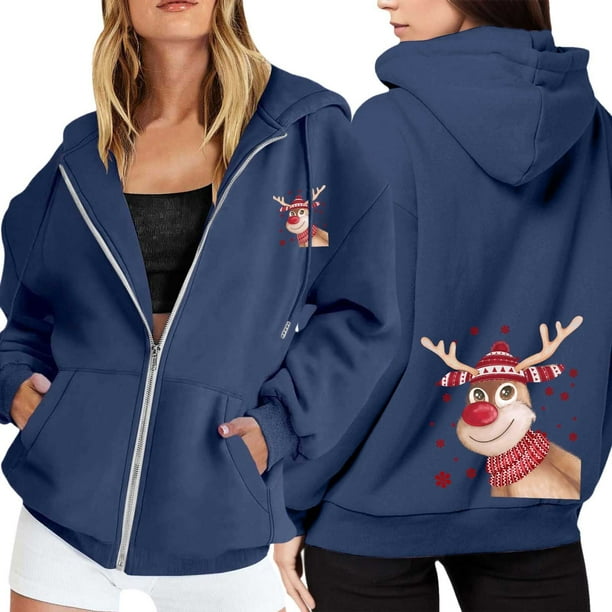 WILLBEST Sudadera Deportiva para Mujer Ladies' Christmas Printed Zipper Long Sleeved Pocket Adjuststring Casual Hooded Sweatshirt 2281 Mediana