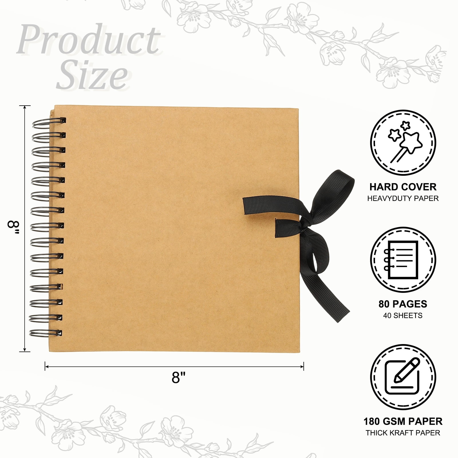 Uxcell Scrapbook Photo Albums, 8x8 Inch 80 Pages with Ribbon Protector, Khaki, 1 Pcs