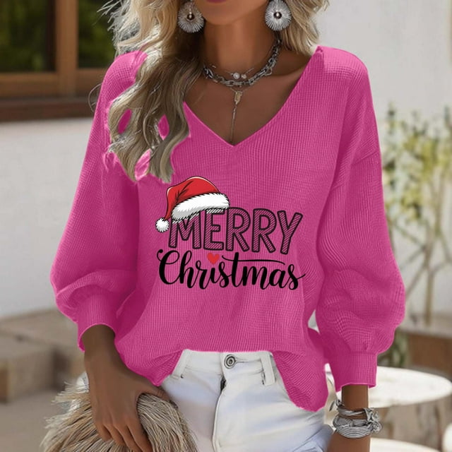Leodye Haut de Noël pour Femmes Manches 3/4 Col en V Décontracté Imprimé Graphique Ample Rose Vif TTTG(TTTG)