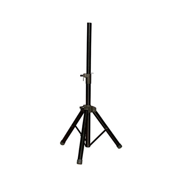 tripie bafle 8 a 15 pulgadas negro Beast, vista frontal del trípode metálico ajustable con poste telescópico y perilla de bloqueo; altura estimada 70–120 cm, diámetro tubular 34.25 mm, espesor 0.6 mm, soporta 50–80 kg, cuatro posiciones de altura con perno y tres patas con puntas de goma, adecuado para bafles de 8" a 15".